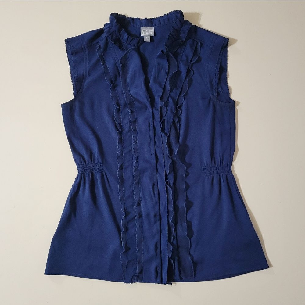Converse Women's Sleeveless Navy Button-Down Blouse with Ruffle Front